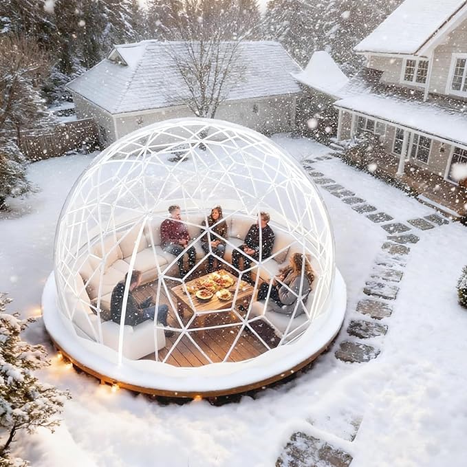 12FT Garden Dome Tent Geodesic Dome Greenhouse with PVC Clear Cover Waterproof Garden Bubble Dome Tent House with 2 x 10M Light Strings for Outdoor Patio Party (White Edge 12.5FT/3.8M)