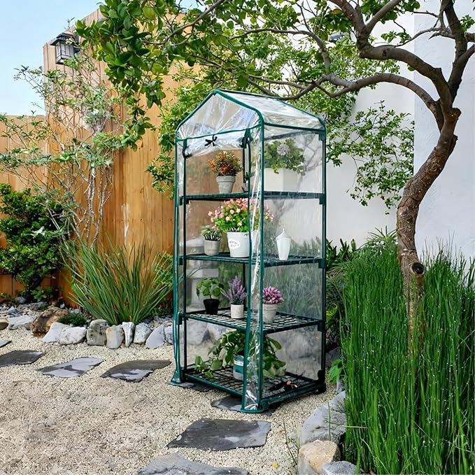 Mini Greenhouse for Indoor Outdoor Small Plants Green House with 4 Tier Shelves Portable Plastic Greenhouses with Transparent PVC Cover for Garden Backyard Patio Balcony Porch