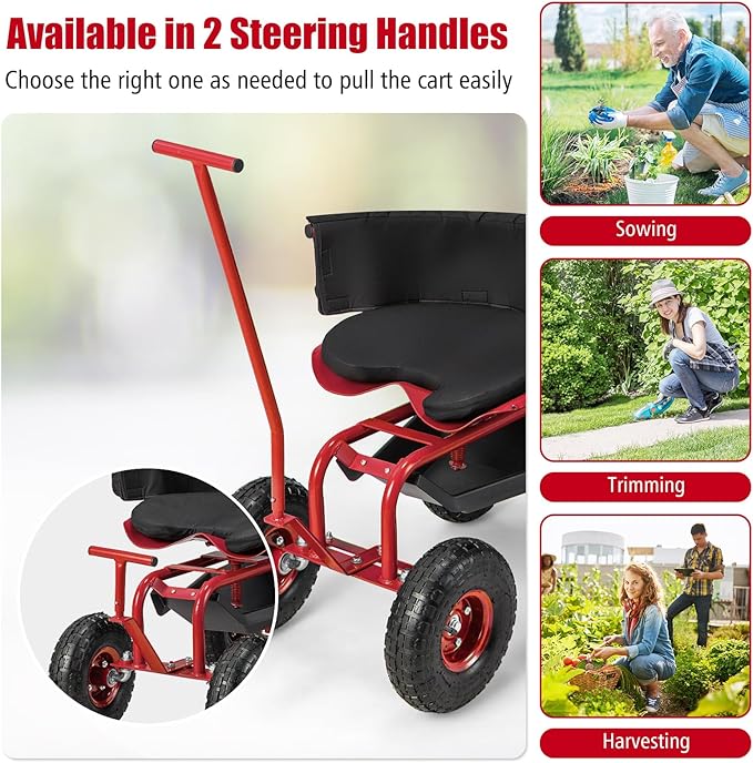 Goplus Rolling Garden Seat with Wheels Outdoor Garden Cart with 360° Swivel Seat &amp Tool Storage 2 Steering Handles Gardening Stool Wagon Scooter Lawn Patio Gardening Workseat for Seniors