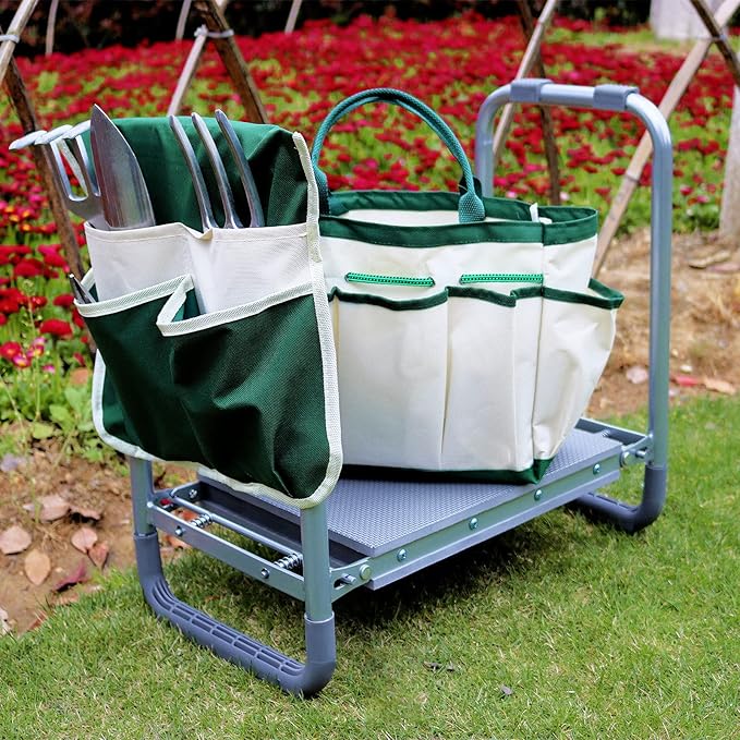 BDL Garden Kneeler Seat Foldable Durable Garden Stool with Tool Bag Pouch and Garden Gloves 330lb Capacity-Protects Your Knees Clothes from Dirt &amp Grass Stains