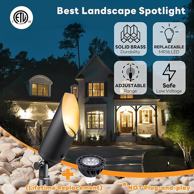 Gardenreet Brass Spot Light Low Voltage - Outdoor Landscape Spotlights 12V Landscaping LED Uplights Hard-Wired All Weather Black for Backyard Lawn with Cold White Changeable Bulbs (8 Pack)