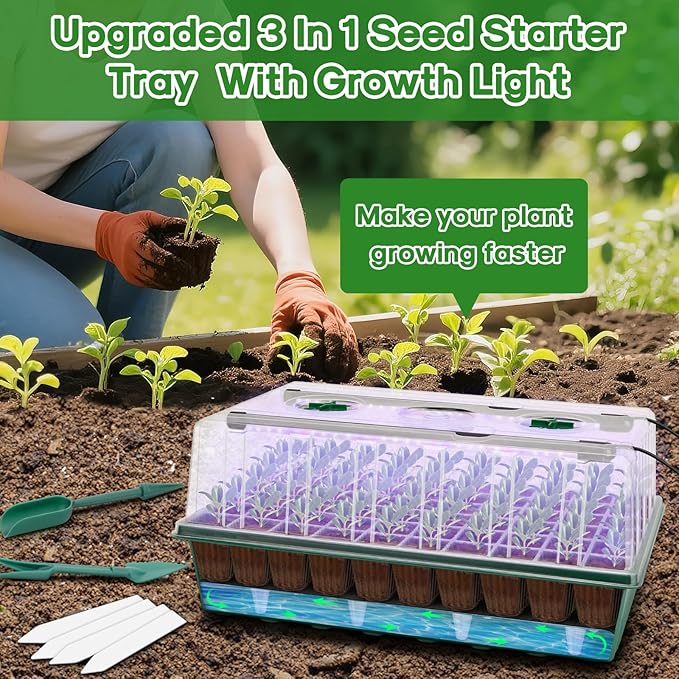 BlumWay 120-Cell Self-Watering Seed Starter Tray with Grow Light 1-24H Timer Seed Starter Kit with 4.02 Humidity Dome Seedling Tray for Indoor Plant Starter Plant Germination Trays-Green