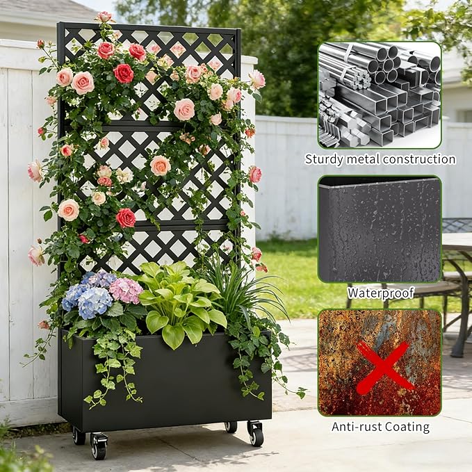 72 Planter Box with Trellis &amp Wheels Planter Boxes Outdoor with Drainage Hole for Climbing Plants Raised Planter with Privacy Screen Black