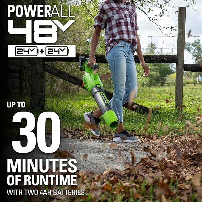 Greenworks 48V (24V x 2) Cordless Brushless Axial Leaf Blower (140 MPH / 585 CFM / 200+ Compatible Tools) (2) 4.0Ah Batteries and Dual Port Rapid Charger Included