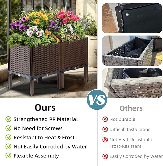 Rattan Raised Garden Bed with Legs-Rectangular Elevated Deep Planters for Outdoor Plants Self Watering Planter Box 32L x 16W x 20H Rectangular Deep Garden Bed for Vegetables Flowers Herbs