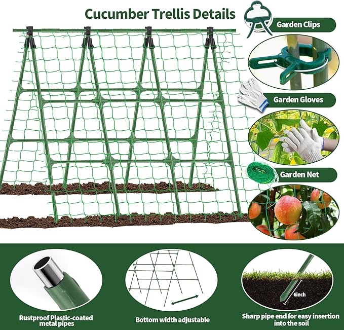 A-Frame Cucumber Trellis for Raised Bed - 47 x 47in Heavy-Duty Detachable Garden Trellis with Netting &amp Clips Support for Climbing Outdoor Cucumber Tomatoes Luffa Bitter Melon Vining Flowers