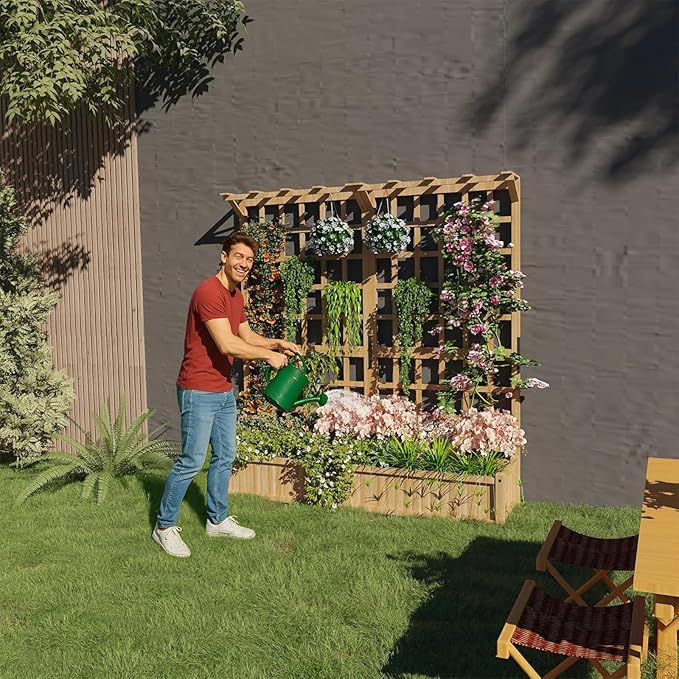 Raised Garden Bed 63 Elevated Wooden Planter Box with Lattice Trellis Wooden Planter Box with Hanging Roof &amp Drainage Holes for Vine Climbing Plants Flower Herb &amp Vegetable