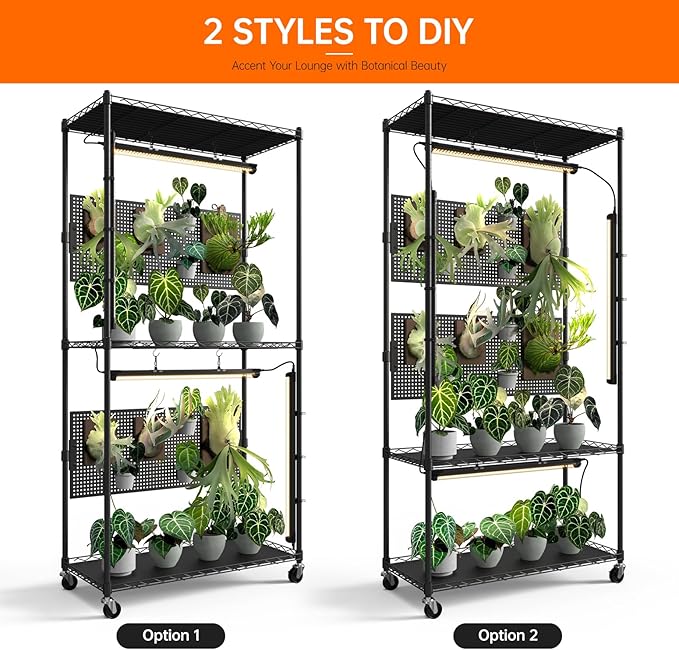 Bstrip Plant Cabinet with Pegboard 3 Tier Plant Shelf with Grow Light Metal Plant Stand with 4 Pack 96W Grow Lights for Indoor Plant Foliage Plants Seed Starting 29.5x13.8x59