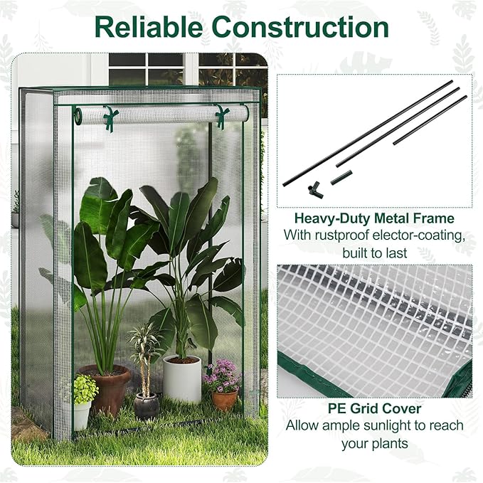 Giantex Portable Mini Greenhouse Heavy Duty PE Cover Elector-Coating Metal Frame Waterproof Sun-Protective Tomato Green House with Roll-Up Zippered Door Indoor Outdoor Clear 39 x 20 x 59