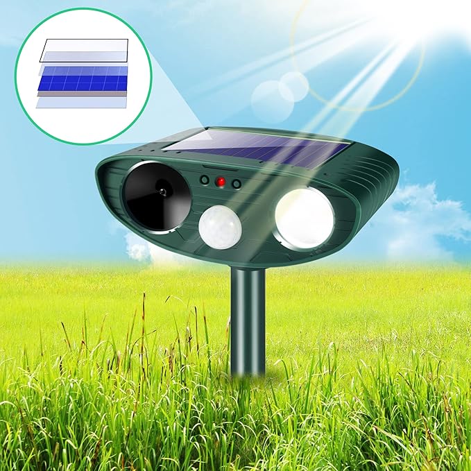 4 Pack Solar Ultrasonic Animal Repeller Outdoor Cat Deer Repellent Devices with Strobe LightAnimal Deterrent Devices for Squirrel Rabbit Raccoon Dog Skunk Repellent for Yard Garden Farm