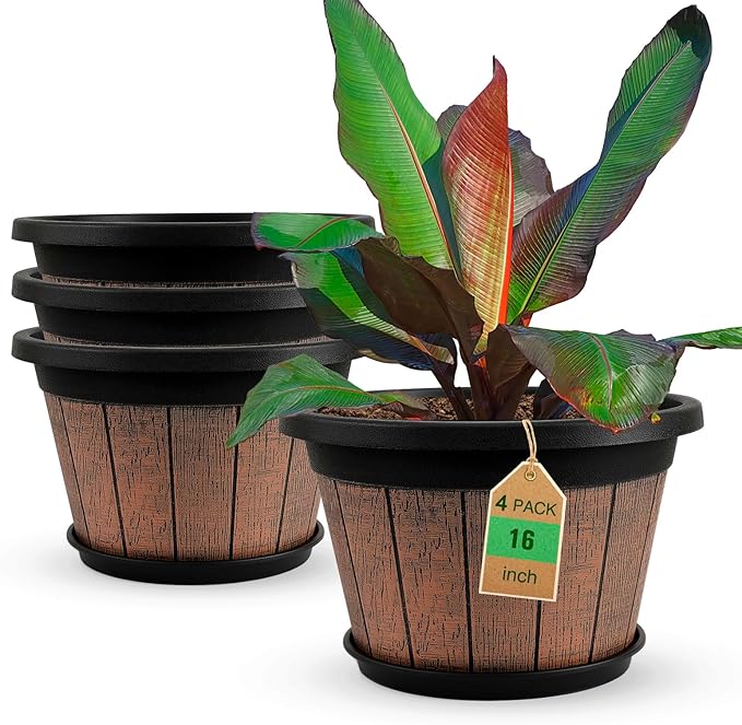 Quarut Large 4 Pack 16 inch Plant PotsWhiskey Barrel Planters with Drainage Holes &amp SaucerPlastic Decoration Flower Pots Retro DesignPlanters for Outdoor Indoor Garden Balcony Plants (Brown)