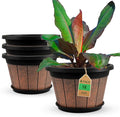 Quarut Large 4 Pack 16 inch Plant PotsWhiskey Barrel Planters with Drainage Holes &amp SaucerPlastic Decoration Flower Pots Retro DesignPlanters for Outdoor Indoor Garden Balcony Plants (Brown)