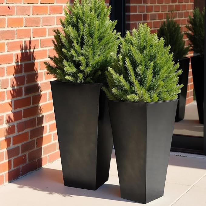Worth Garden Large Metal Glazed Planter Set of 2 (25 + 28) Luxurious Glossy Finish Black Tall Square Tapered Steel Plant Pot Decor Flower Pot Indoor &amp Outdoor Drainage Hole &amp Dual-Purpose