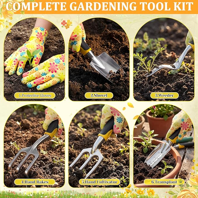 9 Pcs Garden Tools Set Gardening Gifts for Women Include 6 Heavy Duty Garden Hand Tools 1. 6L Christian Galvanized Metal Watering Can Apron Gloves Ideal Gifts for Women Mom Grandma(Yellow)
