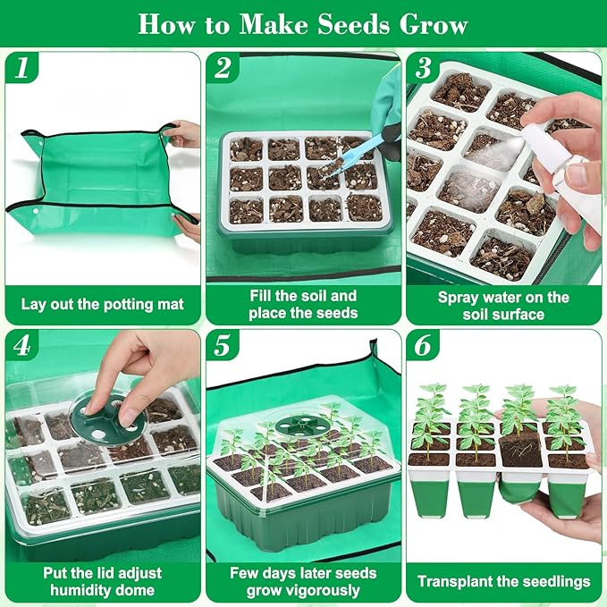Reusable Silicone Seed Starter Tray 60 Cells Seed Starter Kit with Humidity Adjustable Dome and Lid Plant Germination Trays with Repotting Mat 5 Packs Germination Kit for Seeds Grow Starting