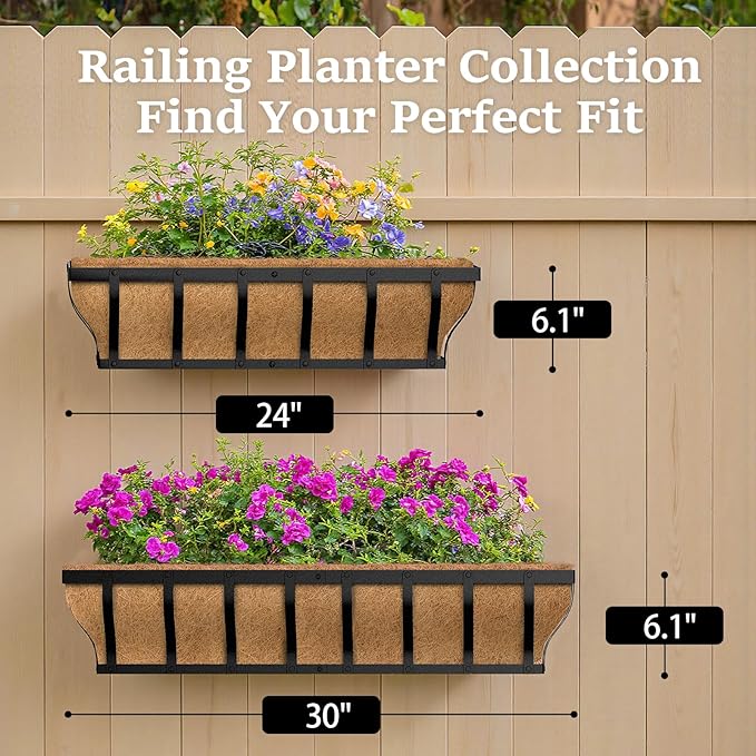 Railing Planter Boxes Heavy Duty Window Box Planters Adjustable Balcony Planters for Railing Hanging with Coco Liner &amp Support Rod for Deck Porch and Patio Gardening (2 Pack 24 Inch)