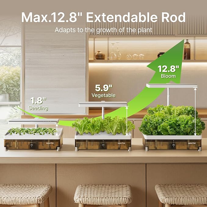 SUNCOZE Hydroponics Growing System Kit 13 Pods Indoor Garden with Dimmable Grow Light 4L Visible Water Tank with Adjustable Height to 12.8Digital Timer &amp Water/Nutrient Reminder Gardening Gif