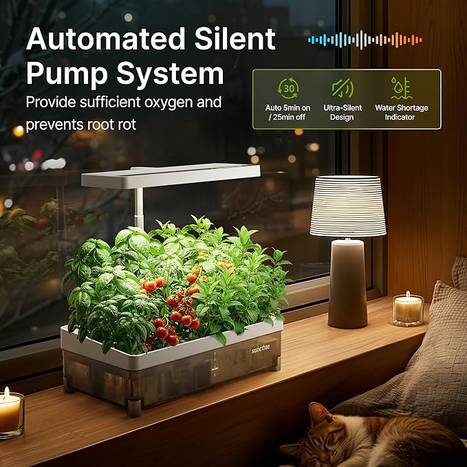 SUNCOZE Hydroponics Growing System Kit 13 Pods Indoor Garden with Dimmable Grow Light 4L Visible Water Tank with Adjustable Height to 12.8Digital Timer &amp Water/Nutrient Reminder Gardening Gif