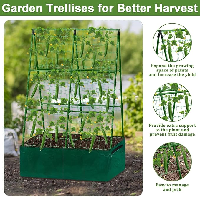 Cucumber Trellis for Garden 34 X 47 Inches A Frame Gardening Trellis with Fabric Raised Garden Bed Climbing Net and Plant Support Clips for Climbing Plants