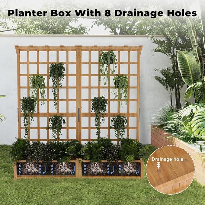 Raised Garden Bed 63 Elevated Wooden Planter Box with Lattice Trellis Wooden Planter Box with Hanging Roof &amp Drainage Holes for Vine Climbing Plants Flower Herb &amp Vegetable