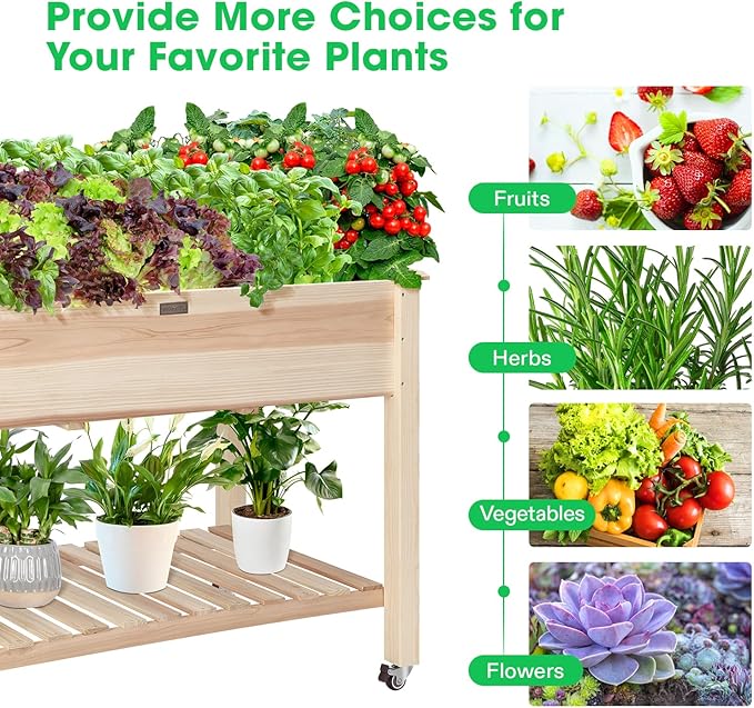 VIVOSUN Elevated Wooden Raised Garden Bed 46 x 24 x 32 Inches Mobile Outdoor Planter Box with Storage Shelf and Protective Liner for Outdoor Use with Lockable Wheels