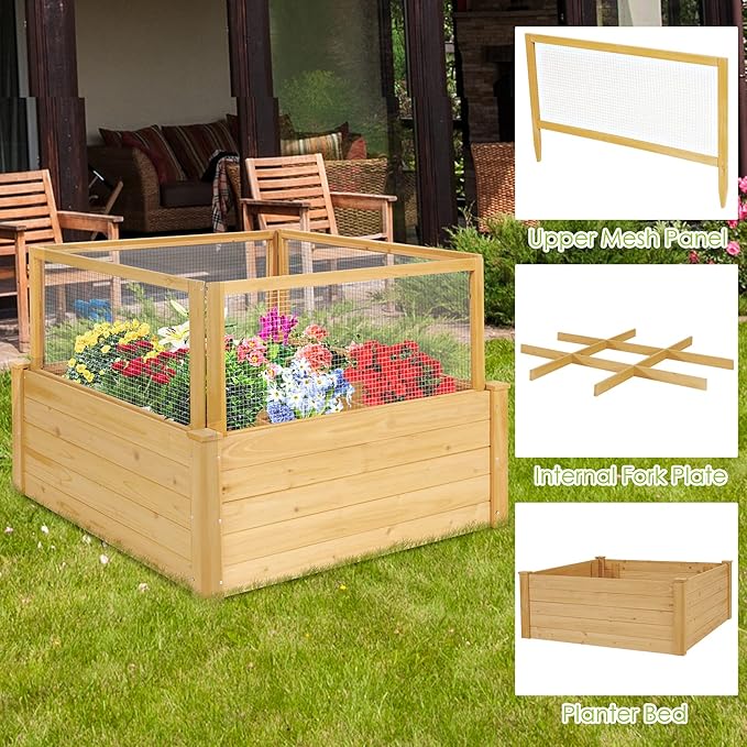 Giantex Raised Garden Bed with Fence Wood Planter Raised Bed with Critter Guard Fence 9 Grids Plant Container Outdoor Plant Box for Garden Patio Backyard Balcony (42 Lx42 Wx32.5 H)