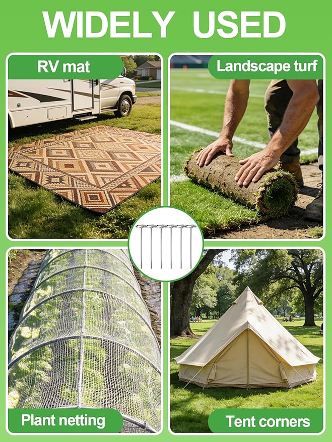 6 Inch Landscape Staples with Hook &amp Hammer - 120pcs Circle Top Weed Barrier Stakes Kit 9 Gauge Galvanized Rust-Resistant Garden Fabric Pins for SOD Garden Edging Install &amp Remove Tools In