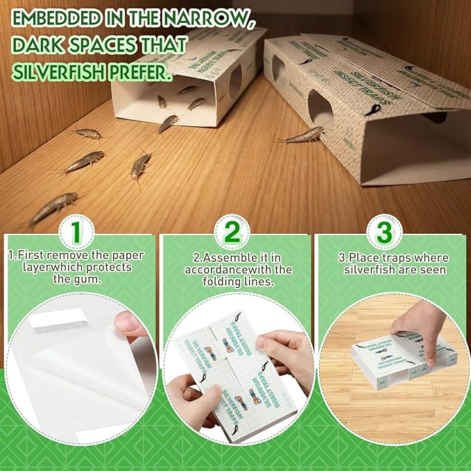 96 Traps Silverfish Traps 48 Sheets Silverfish Killer Indoor Non Toxic Sticky Insect Killer with Dual Color Pattern Lure for Crawling Detachable Use as 96 Small or 48 Large