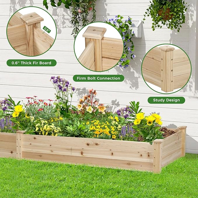 Oakcloud Outdoor 8ft Wooden Raised Garden Bed Planter Box Kit and 4 Garden Bed Fences for Vegetables Fruits Herb Grow Gardening