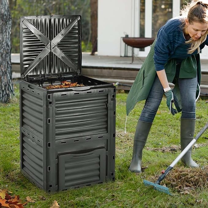 Outdoor Composting Bins80 Gallon Large Compost Bin with Top Flip Latch-on Lid &amp Bottom DoorGrass Food Trash Composter BarrelAerating Outdoor Compost Box for Garden Yard(Black+Green)