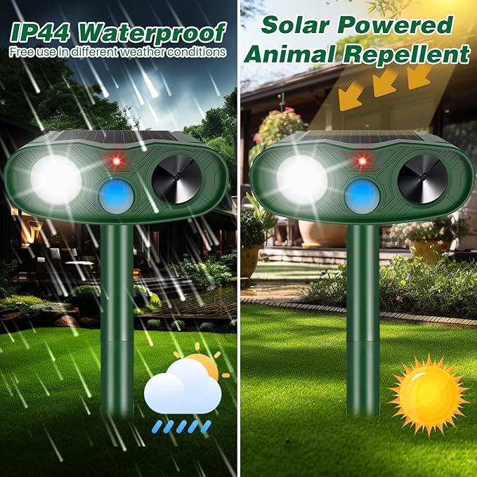 4Pack Ultrasonic Cat Repellent Outdoor Bear Repellent DevicesSolar Animal Repeller Motion Detection Rabbit Raccoon Squirrel Dog Squirrel Repellent Deterrent with LED Flash Lights for Yard