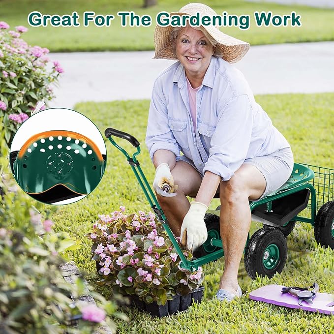 4-Wheel Rolling Garden Cart Work Seat with Tool Tray Heavy Duty Planting Cart Tools on Wheels Adjustable Steering Handle &amp Utility Tool TrayGardening Work-Seatfor Patio Yard and Outdoors Gr