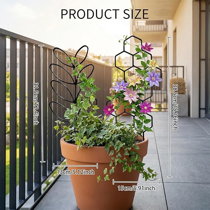 6 Pack Plant Trellis Indoor Black Metal Leaf Honeycomb Shape Trellis for Potted Plants Trellis for Garden Potted Plant Climbing Plants Indoor
