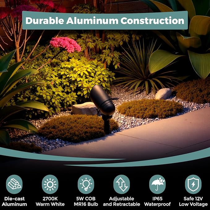 Gardencoin Low Voltage Landscape Spotlight 12V LED Outdoor Landscape Lighting Landscape Spot Lights Wired for Garden and Yard Aluminum Up Lighting Fixture with 5W MR16 Replaceable Bulb (2 Pack)