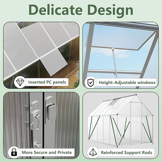 6’ x 9’ Greenhouse for Outdoors Windproof Robust Aluminum Walk-in Greenhouse with Roof Vent Window for Garden Backyards Plants Easy Assembly Silver