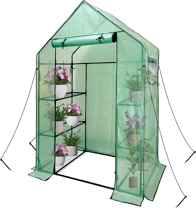 Heyfurni Walk in Greenhouse with ShelvesWalk-in Plant Green House with Durable Green PE Cover 3 Tiers 6 Shelves Stands with Ground Pegs &amp Ropes for Stability 56x28x76