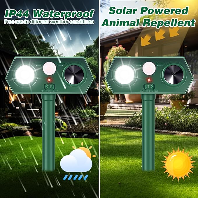 4Pack Solar Ultrasonic Animal Repellent Outdoor Cat Repeller Outdoor Deer Repellent Devices Motion Detection with Motion Sensor for Yard Predator Lights with Red&ampBlue to Scare Rabbit Raccoon