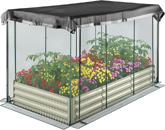Raised Garden Bed with Plant Netting Cover 8 x 4 x 1 ft Garden Bed Cover with Zippered Door Shade Canopy &amp Frame Easy to Install for Vegetables Fruits