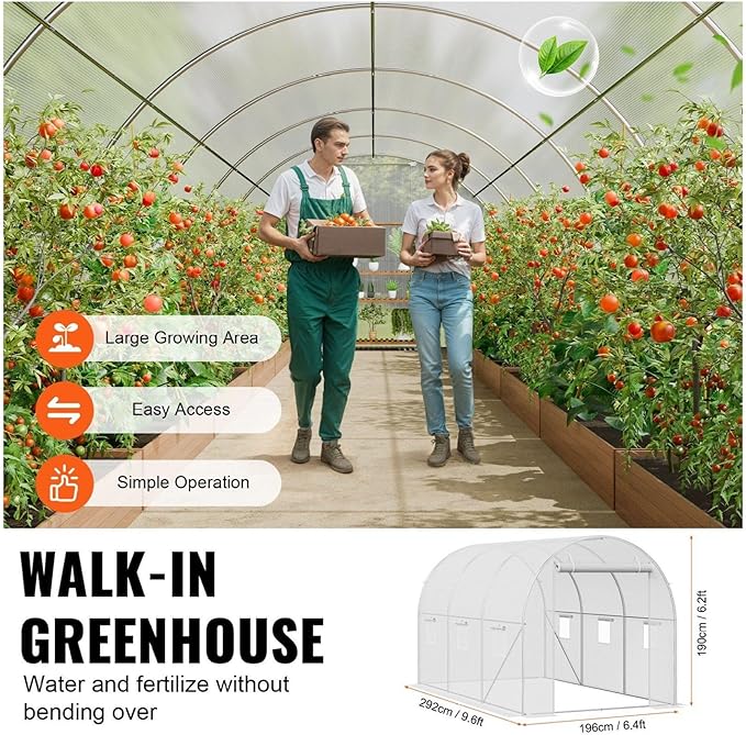 Walk-in Greenhouse 9.58x6.43x6.23ft Galvanized Steel Frame PE Cover White Hoop House for Plants Garden Tunnel Greenhouse with Windows