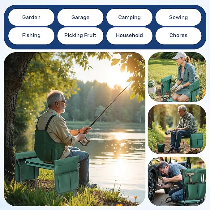 InfiniPower Garden Kneeler and Seat Foldable Kneeling Bench with Sturdy Soft EVA Foam Pad Hold Up to 330lb 2 Tool Pouches Included for Gardening Fishing Camping Green