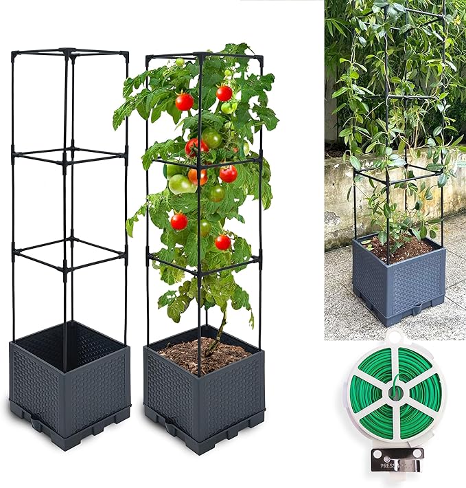 2 Pack Raised Garden Bed Planter Box with Trellis 44 Self Watering Tomato Planter Box for Climbing Vegetable Flowers and Plants Tomato Pot for Indoor Outdoor Patio Garden Planter Use