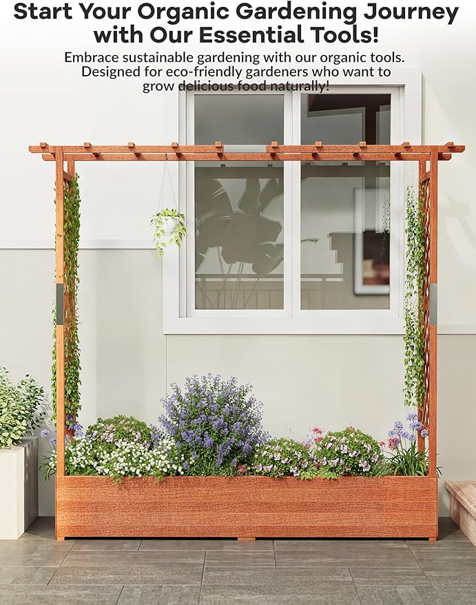 Large Raised Wooden Planter with Arch &amp Side Trellis – Freestanding Garden Bed for Climbing Plants Vines &amp Flowers – Hanging Roof 4 Drainage Holes – Outdoor Patio Planter – Size: