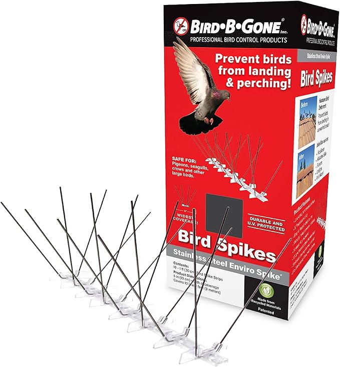 Bird B Gone - Pre-Assembled EnviroSpike Stainless Steel Anti Bird Spikes (10') - UV-Stabilized Polycarbonate Base - Humane Deterrent - Stops Pigeons &amp Birds from Roosting On Rooftops Ledges Fenc