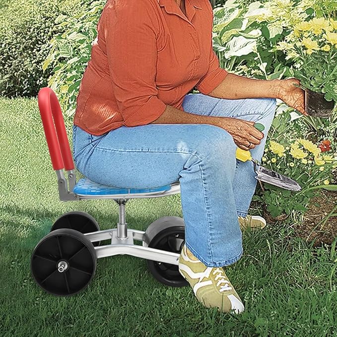 Garden Cart with Seat on Wheels Stable Workseat Sturdy Cart Adjustable Seat Height and Direction Garden Cart Rolling Stool for Picking Planting Fieldwork