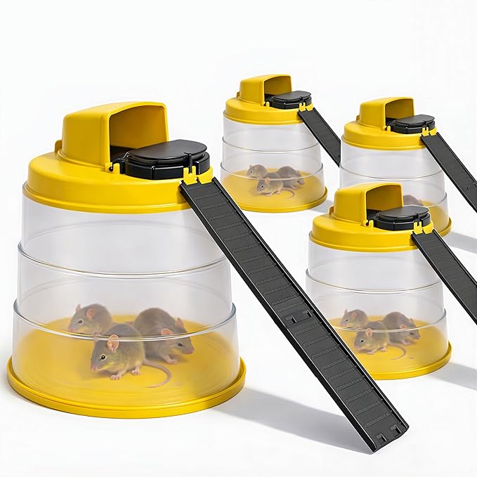 RinneTraps Flip N Slide All-in-One Mouse Trap |4 Pack| |Bucket Included| Self-Resetting Humane Live Catch | Made in USA | Indoor &amp Outdoor