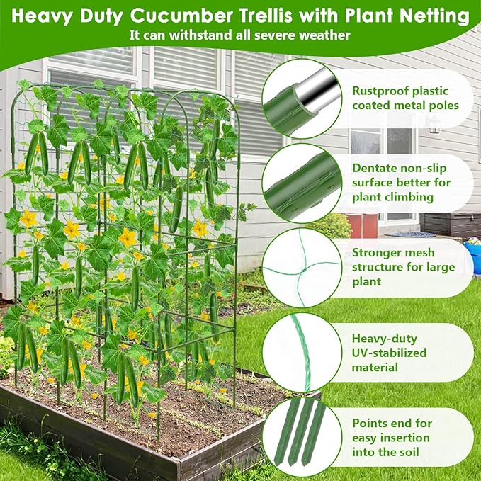 Cucumber Trellis for Climbing Plants with Grow Bag 61 Tall Metal U-Frame Garden Trellis for Raised Bed with Garden Netting and Plant Clip Plant Ties for Vegetables Squash Pea Grape