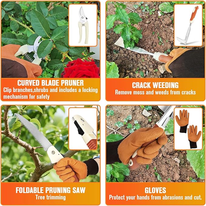 Garden Tool Set - 10 PCS Heavy Duty Stainless Steel Gardening Tools Set with Storage Bag Gardening Kit Ideal Gardening Gifts for Women &amp Men Indoor/Outdoor Use for Digging Planting Pruning