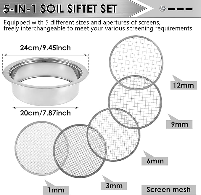 Stainless Steel Soil Sieve Stainless Steel Soil Sieve Interchangeable Meshes Set Garden Filter with 9.45inch Diameter for Sand Rocks
