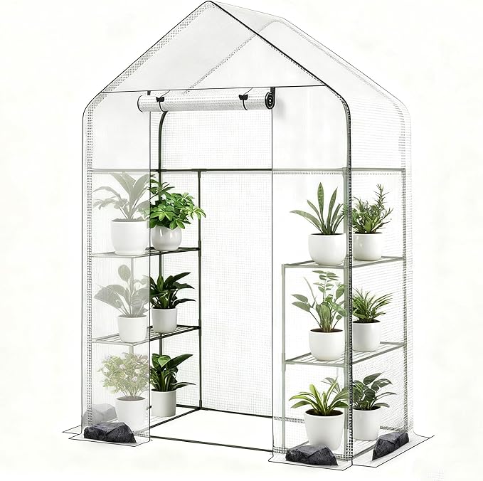 Walk-in Greenhouse 27.6 x 55 x 79 Inch Outdoor Plant Green House with 3 Tiers 6 Shelves Heavy Duty Steel Frame &amp Thicken PE Cover Portable Greenhouses for Balcony Patio Deck Gardening