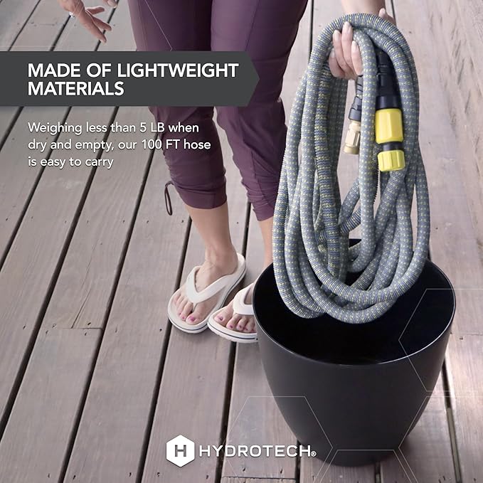 HydroTech 100 ft Expandable Garden Hose with Patented Force Control Technology - 5/8 No-Kink Flexibility Lightweight Hose for Lawn Garden Car Washing Deck and Patio Cleaning